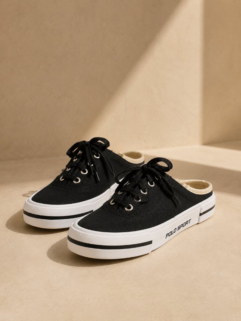 Polo Sport Black Sneaker Mules Backless Canvas Women’s 7.5